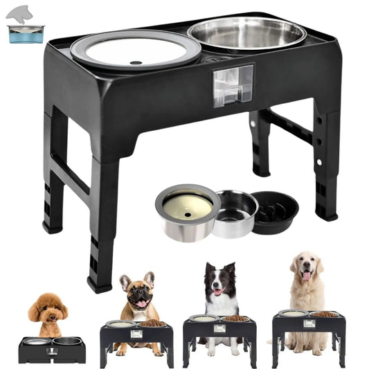 2-in-1 Adjustable Raised Dog Feeder With Double Stainless Steel Bowls For Small Medium & Large Dogs And Cats - Promotes Healthy