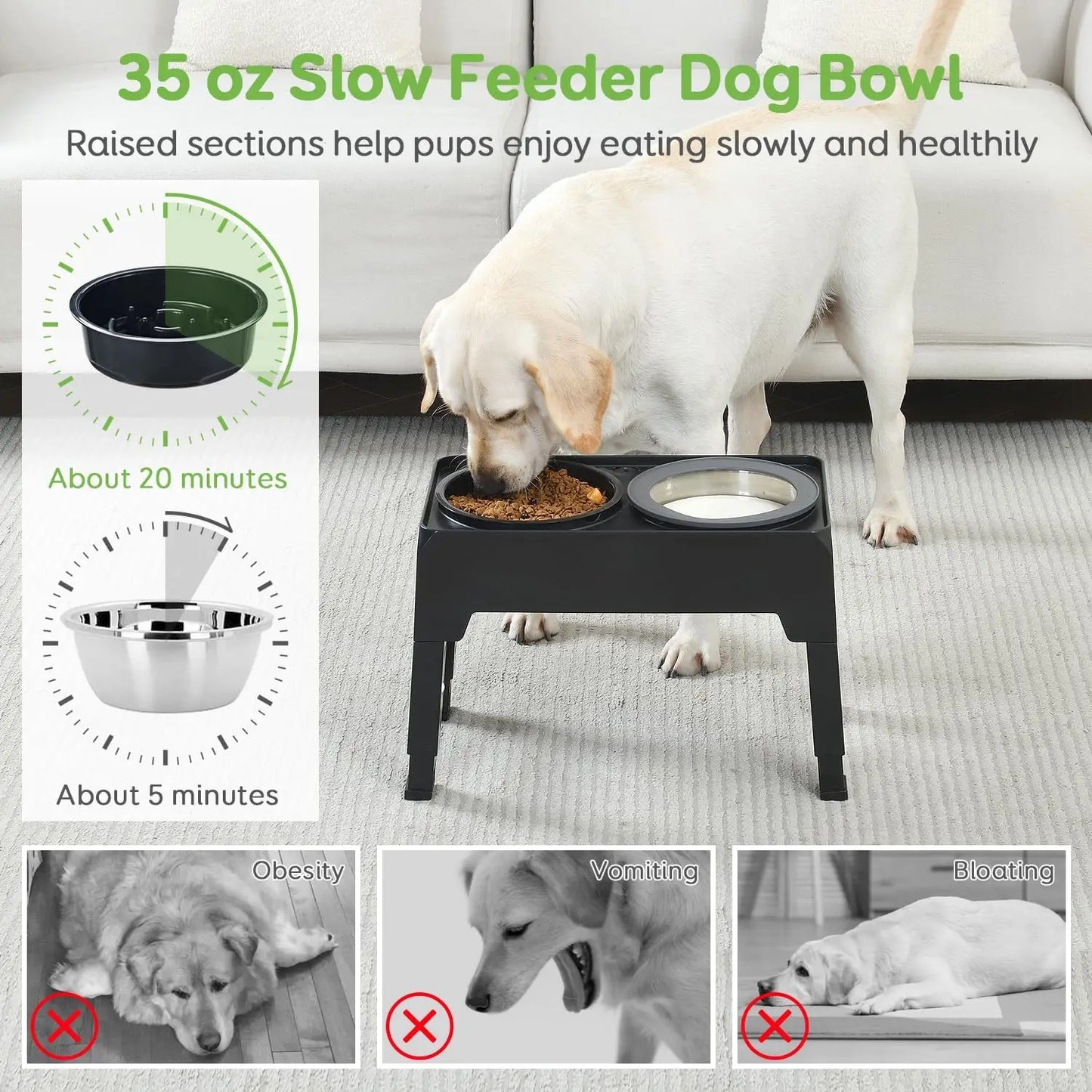 2-in-1 Adjustable Raised Dog Feeder With Double Stainless Steel Bowls For Small Medium & Large Dogs And Cats - Promotes Healthy