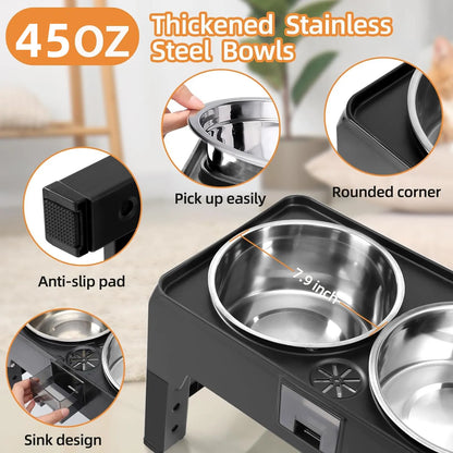 2-in-1 Adjustable Raised Dog Feeder With Double Stainless Steel Bowls For Small Medium & Large Dogs And Cats - Promotes Healthy